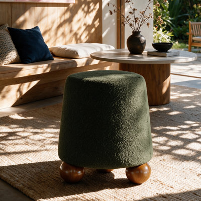 Pouf ottoman rond en molleton à effet peluche, tabouret rembourré avec pieds boule en bois