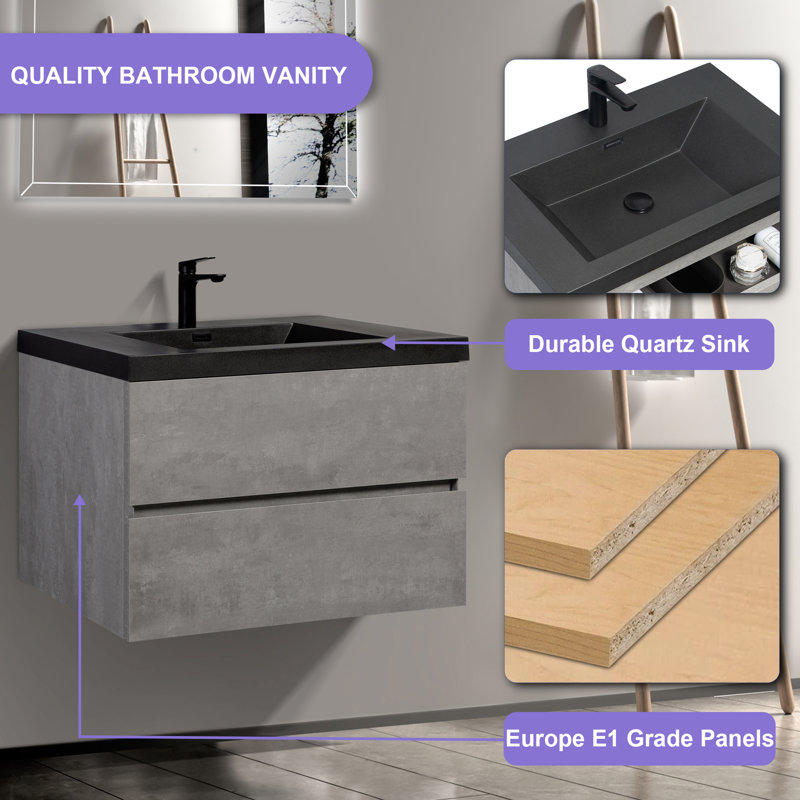 36 po Meuble-lavabo mural flottant avec comptoir simple en quartz noir gris, 36"