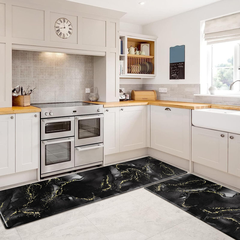 Tapis de cuisine en marbre 2 pièces, Noir