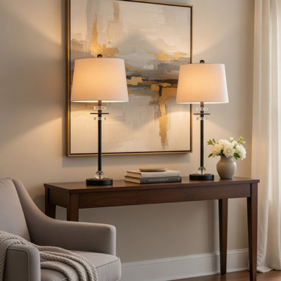 Tika Table Lamp Set Of 2, Crystal Rings And Black Metal Ball, Fabric Shade