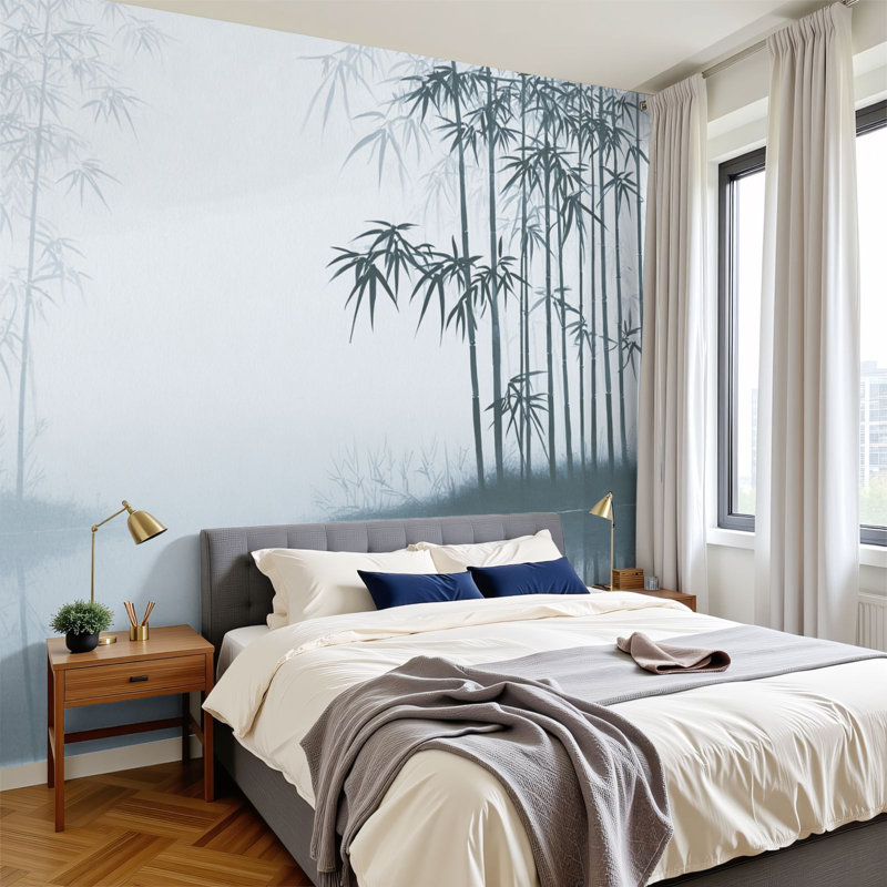 Décoration murale auto-adhésive murale en bambou à motif de paysage de bambou gris minimaliste 100 "H x 144"