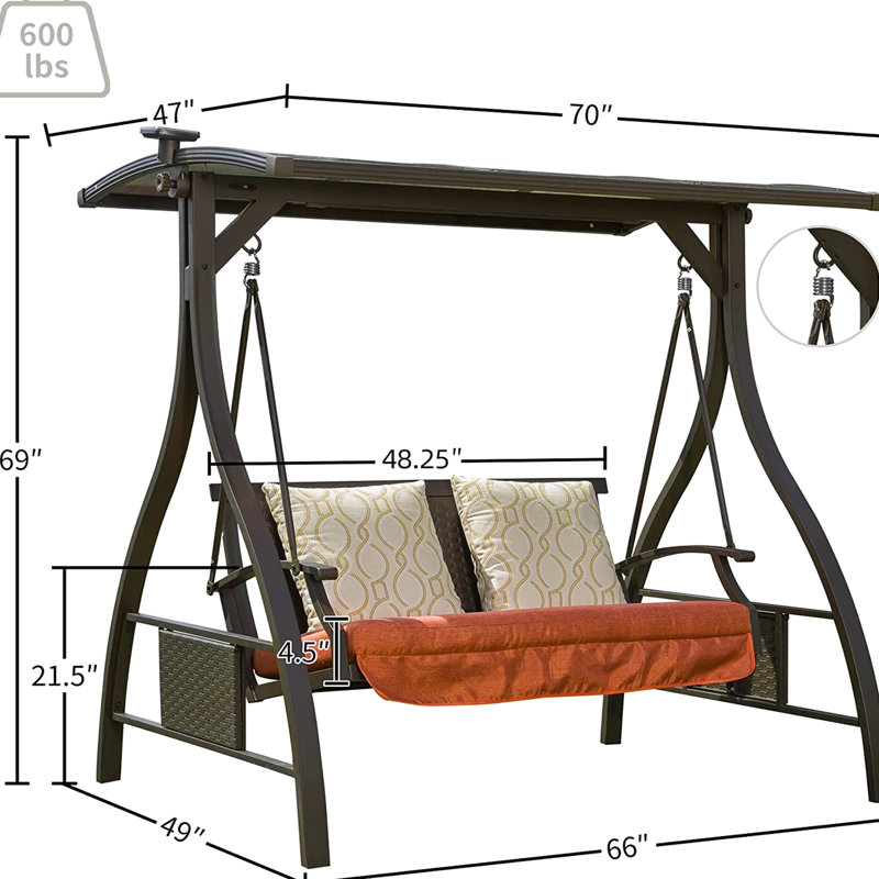 Balançoire de jardin d'extérieur avec connexion à ressort stable, auvent réglable, DEL solaire, construction de balancelle de patio à coussins confortables, confortable