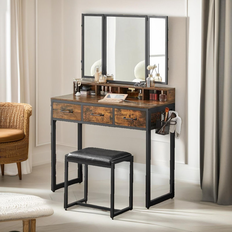 Sagar Dressing Table with Mirror And Stool Vanity Desk Bedroom Furniture, Brown