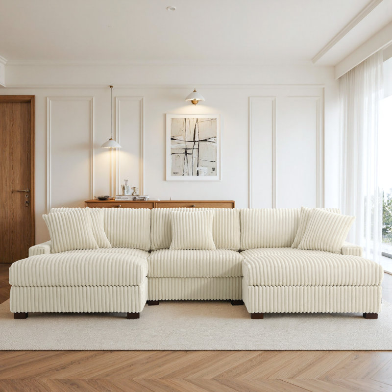 5 Seater Sofa & Chaise, White Polyester/Foam Padding