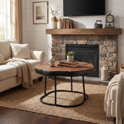 Industrial Coffee Table with MGO Top and Natural Wood Accents, 27 Inch Black Metal Base Center Table with 132 lbs Capacity by Latitude Run