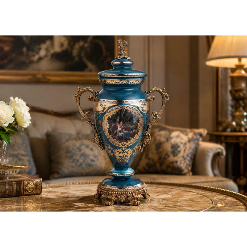 Bronze Deep Aegean Blue Gold Crystal Glass Decorative Sculpture French Style Set