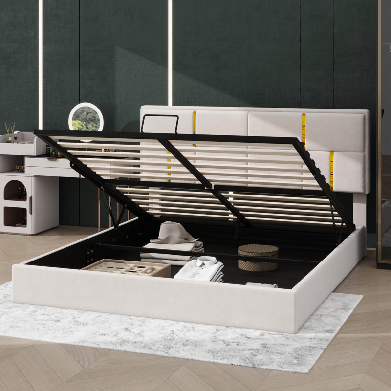 Grand lit plateforme avec rembourrage et mécanisme de rangement hydraulique, Beige