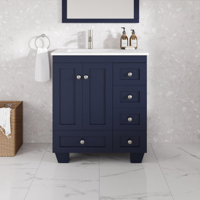 Happy 28 po Meuble-lavabo simple bleu avec comptoir en quartz de Carrare et lavabo encastré en porcelaine