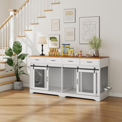 Furniture-Style Dog Crate for Medium & Large Dogs with 4 Sliding Doors, 4 Storage Drawers, Indoor Kennel for Living Room