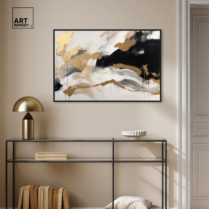 «Melting Clouds With Gold Canvas» par Art Remedy, Cadre noir, H 25 po x l 37 po