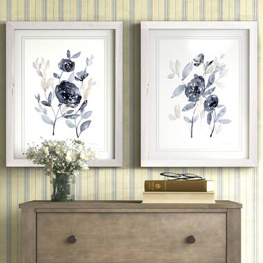 Andover Mills™ Indigo Floral On Linen II - Premium Framed Print