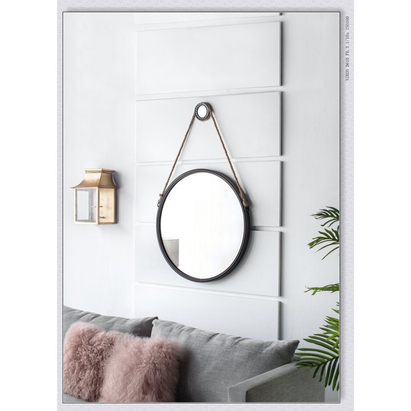 Miroir rond suspendu tendance de 29,5 po avec cadre noir et sangle de corde, décor industriel contemporain pour salle de bain, chambre à coucher ou espace de vie