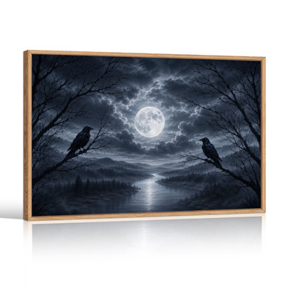 "Deux corbeaux noirs perchés sur des branches au clair de lune", art mural sur toile