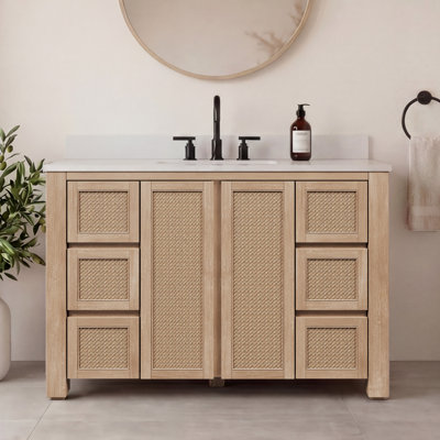 Ensemble de meuble-lavabo simple autoportant 48 po avec plateau en marbre d'ingénierie et lavabo en céramique blanche Belmont