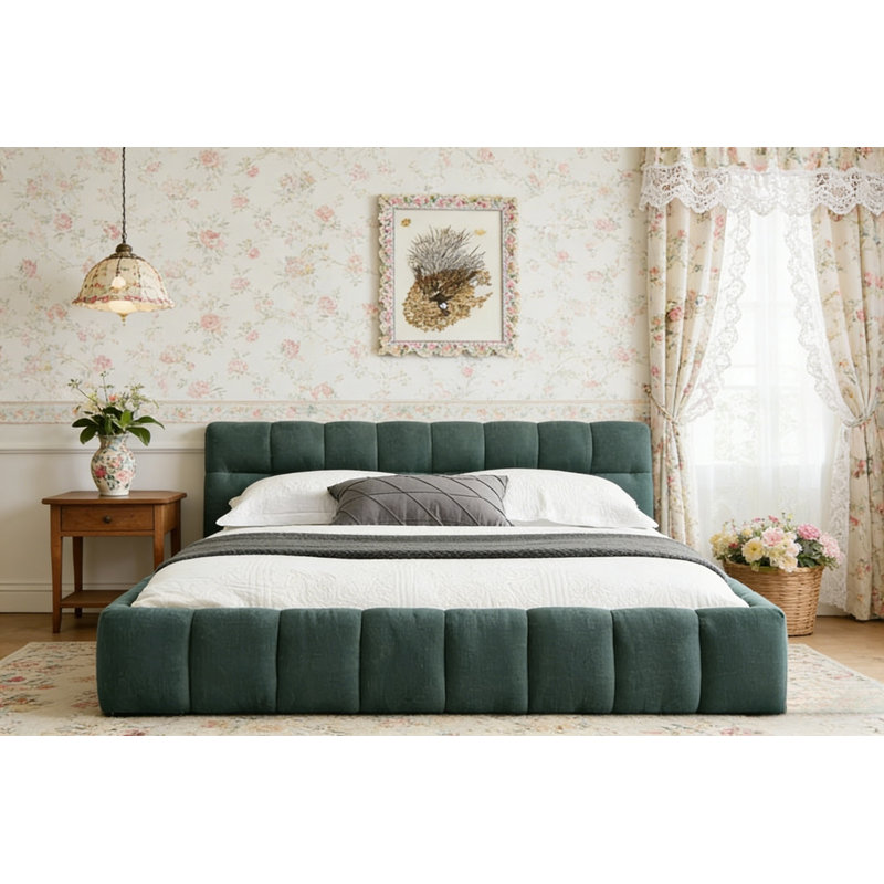 Structure robuste en chenille avec tête de lit, sans sommier tapissier, lit solide et robuste, Vert, Grand lit