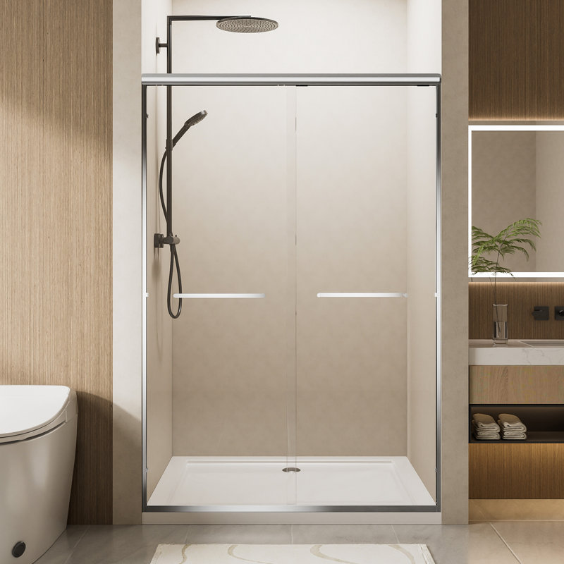 Aluminum Double Sliding Shower Door With 6mm Nano - Coated Tempered Glass, Dual Stainless Steel Handles, Waterproof And For Bathroom Frame 1/4" Design Easy To Install In