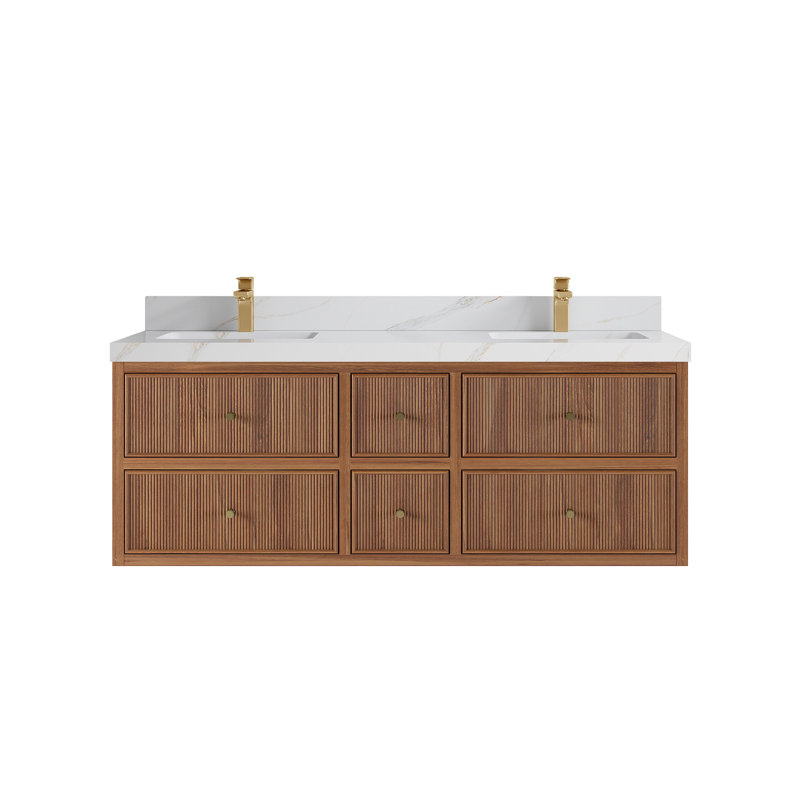 Meuble-lavabo double en teck flottant 60 po avec plateau en quartz Sonoma