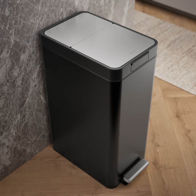 13-Gallon Stainless Steel Slim Step Trash Can With Bifold Lid, Black Stainless