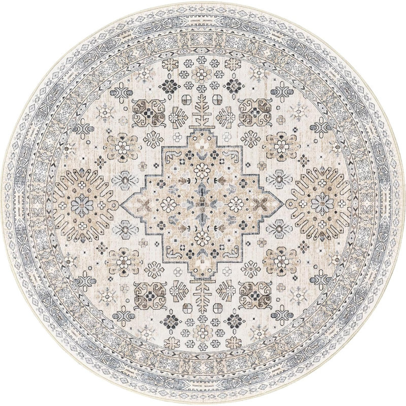 Medallion Non Slip Washable Rug(Beige), Round 4'