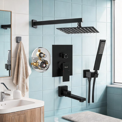 Matte black wall-mounted tub shower system with 10-inch rain head and air-inject boost for bathrooms