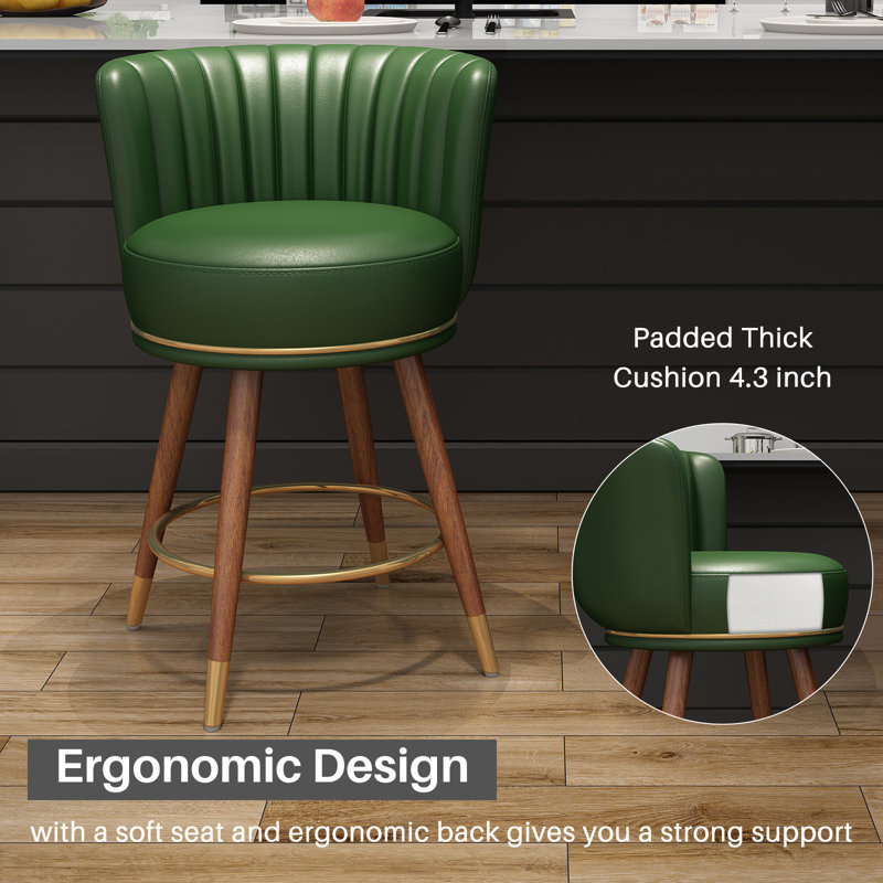 Green Leather Swivel Low Back Bar Stools with Wood Legs, Set of 4