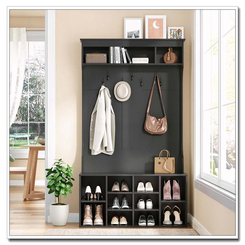 Arbre d'entrée 70,9 pouces avec banc et rangement pour chaussures pour la boue, Noir