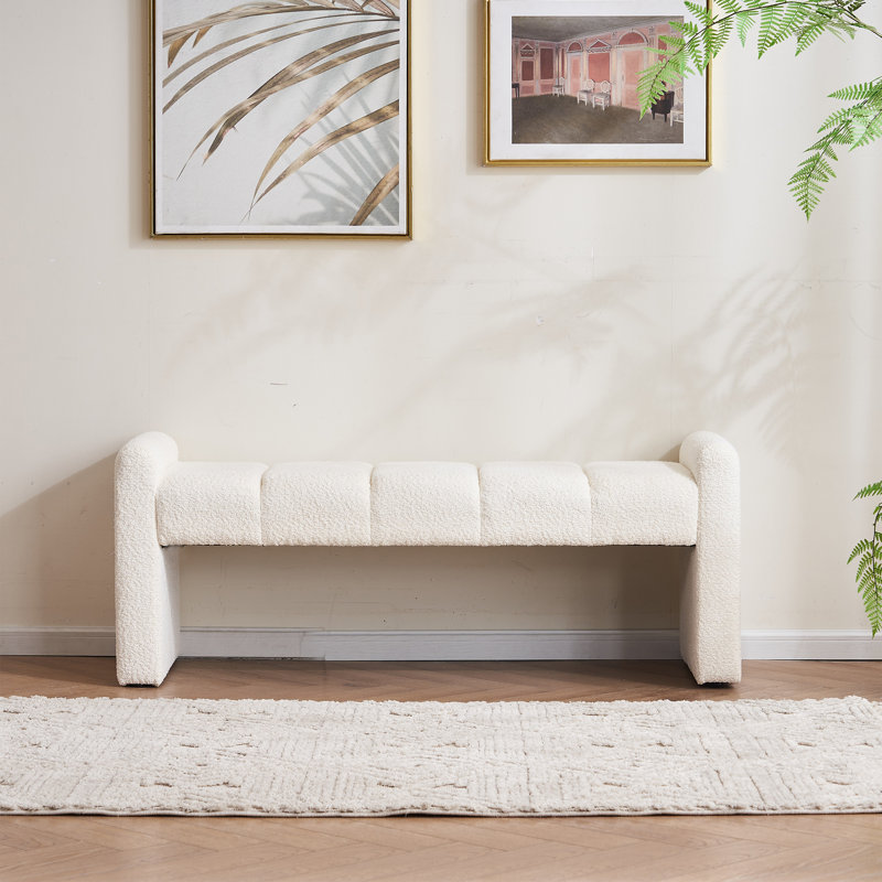 Laytona 54" Boucle Upholstered Bench with Arm and Channel Tufted, Ivory