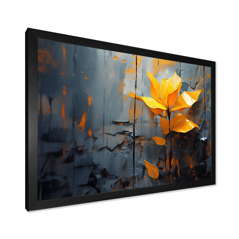 «Tropicale jaune et gris» - art mural abstrait Collages, Cadre d'angle fermé noir, H 24 po x l 32 po x P 1 po