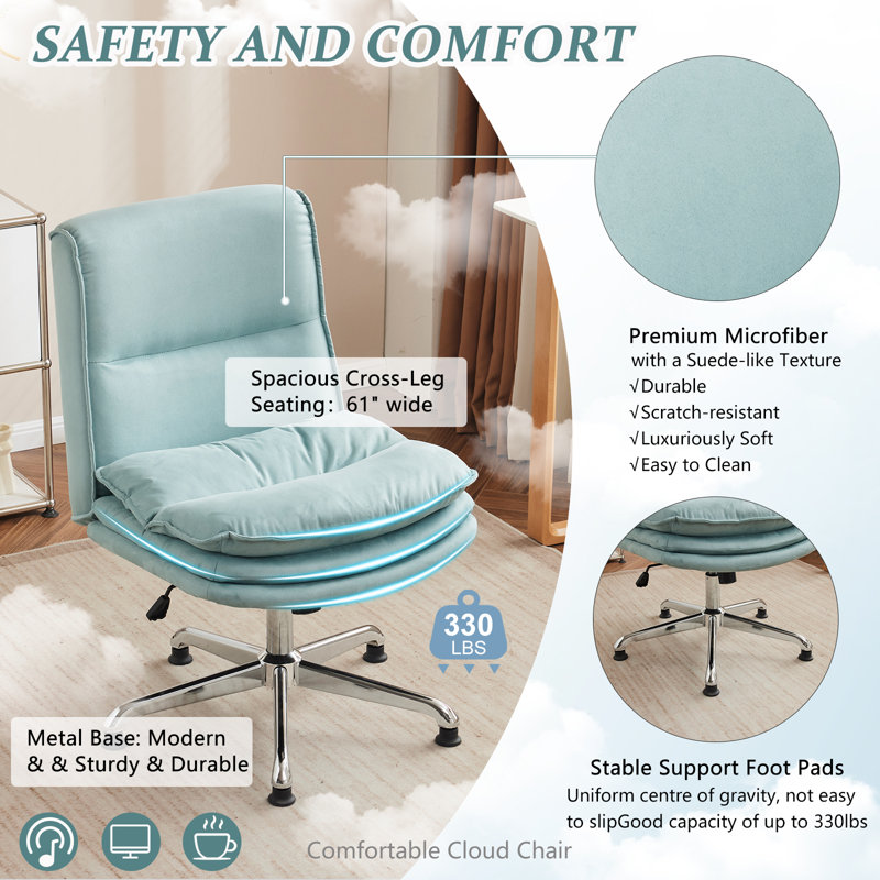 Upholstered Armless Task Office Chair without Wheels, Cyan 
