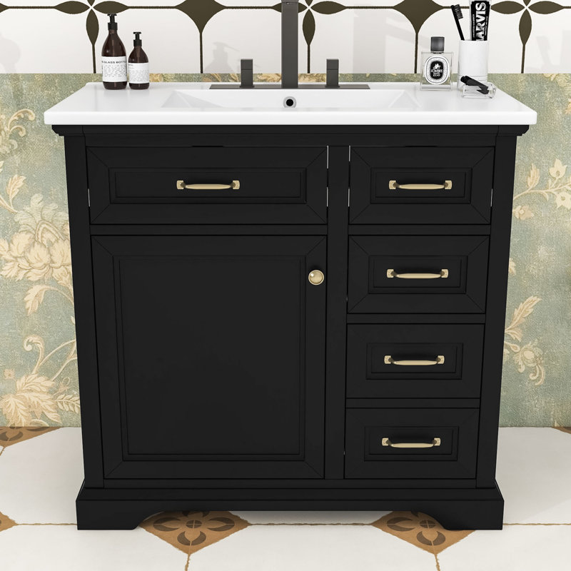 Meuble-lavabo simple autoportant moderne avec lavabo en céramique, porte à fermeture douce et tablette réglable, Black, Gold