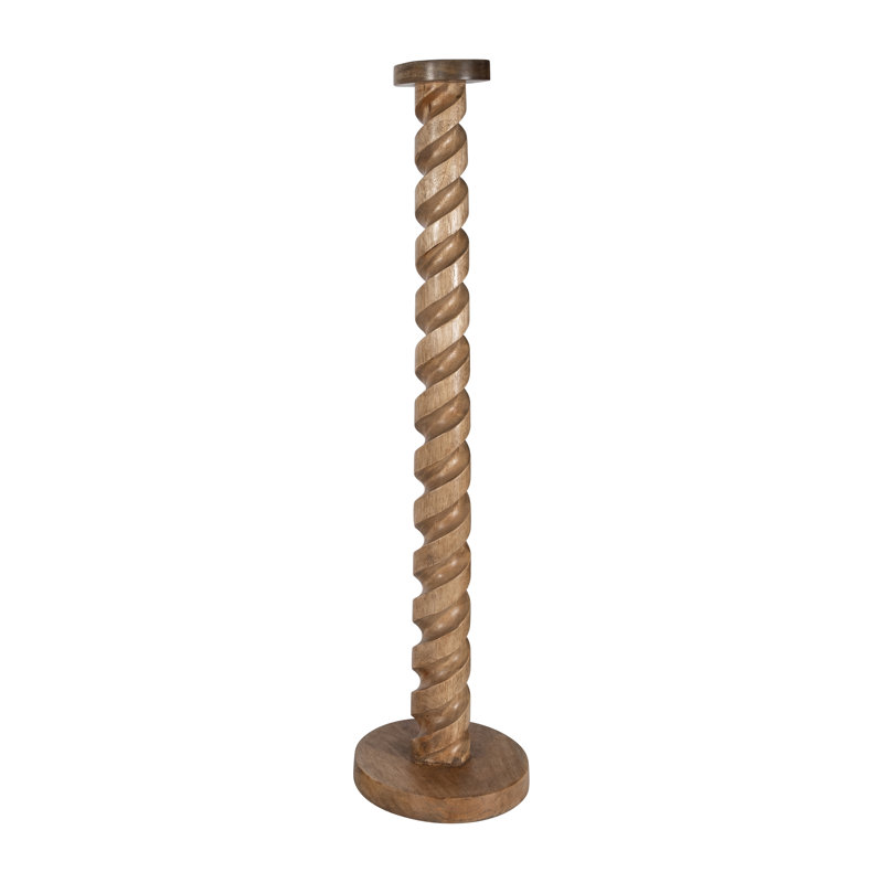Wood Pillar Candle Holder Mango Wood with Carved Spiral Detail Round Base Rustic Decorative Accent Versatile Modern Design Handcrafted Single Piece for Stylish Contemporary Interiors.