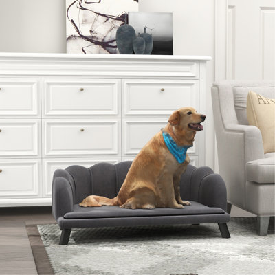 Charcoal Gray Velvet Dog Bed With Foam Padding - Elegant And Spacious For Medium & Large Canines, Washable Cushion, Wooden Legs, Pearl Design Supportive