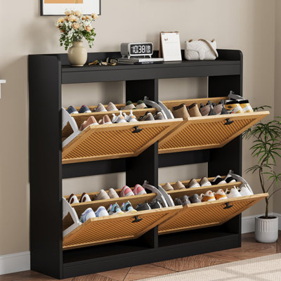 Shoe Storage Cabinet with 4 Flip Drawers, Wood Shoe Cabinet with Rattan Doors and Adjustable Shelves