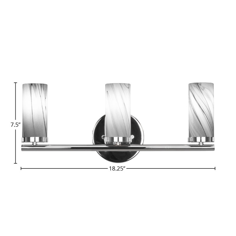 Arefa 3 Light Bath Bar Shown With 2.5” Onyx Swirl Glass, Chrome