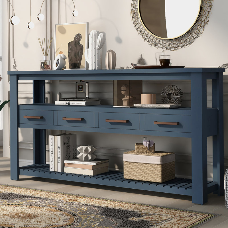 61.52'' Modern Console Table with 4 Drawers and Open Shelves, Navy Blue