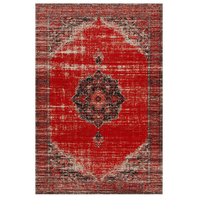 Mottos Red Oriental Machine Printed Cotton Polyester Area Rug, Runner 3'4" x 7'3"
