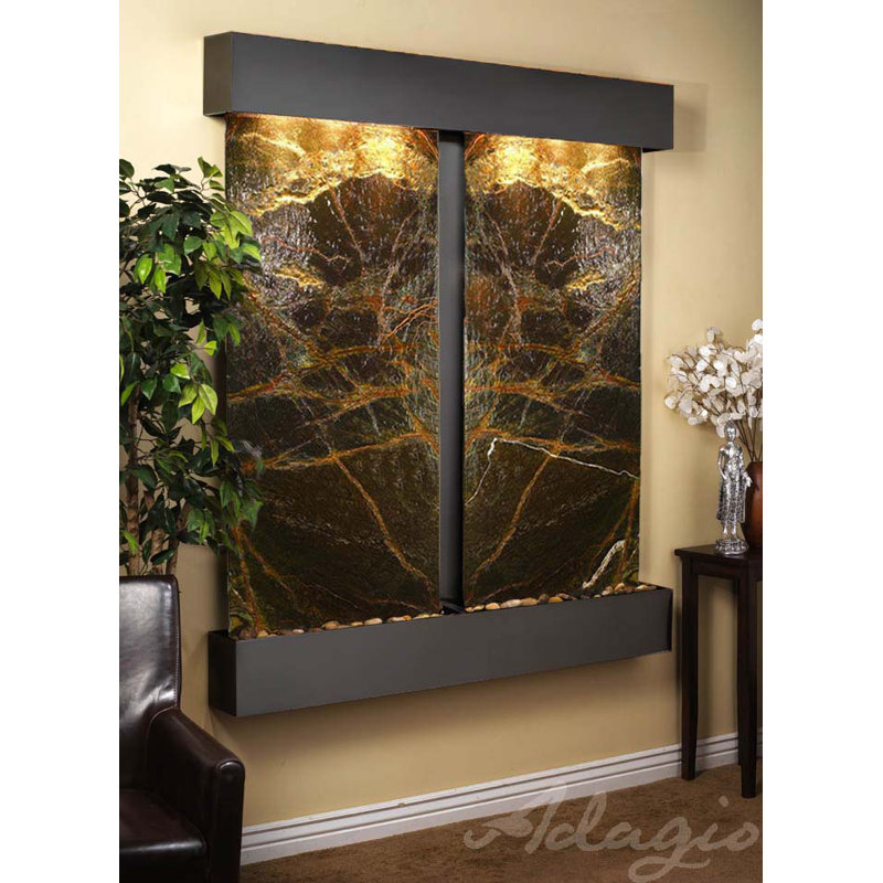 Cottonwood Falls Fountain with Light, Blackened Copper, Rainforest Green Marble, Square