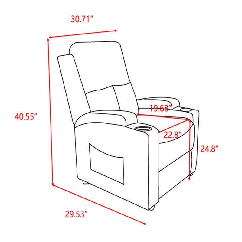 30.71'' Ultra-Comfortable Modern Recliner with Push-Back Mechanism, Dual USB Ports, and Cup Holders, Blue/Gray