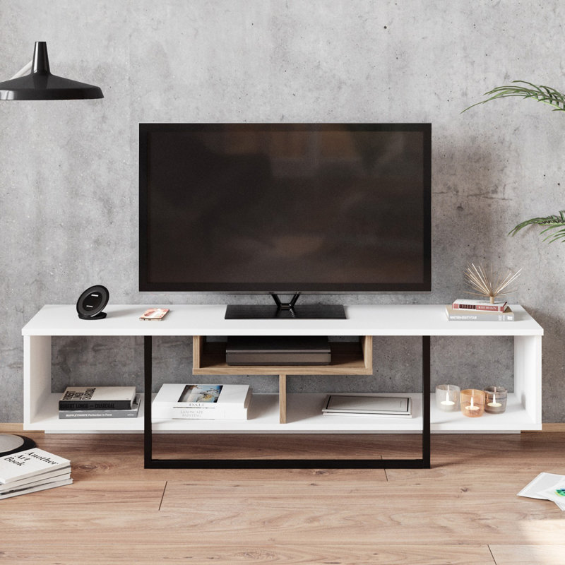 Meuble télé moderne avec option de fixation murale, chêne blanc et noir, 58,8 po x 15,8 po x 13,9 po | 100% panneau de particules enduit de mélamine, épaisseur: 0,7 pouce | Tablettes multiples et rangement supplémentaire, design industriel élégant