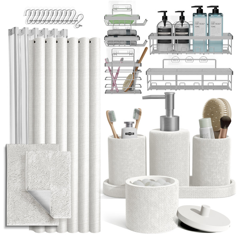 Ensemble d'accessoires de salle de bain 26 pièces avec rideau de douche, tapis et organisateur de panier de douche Clara Clark