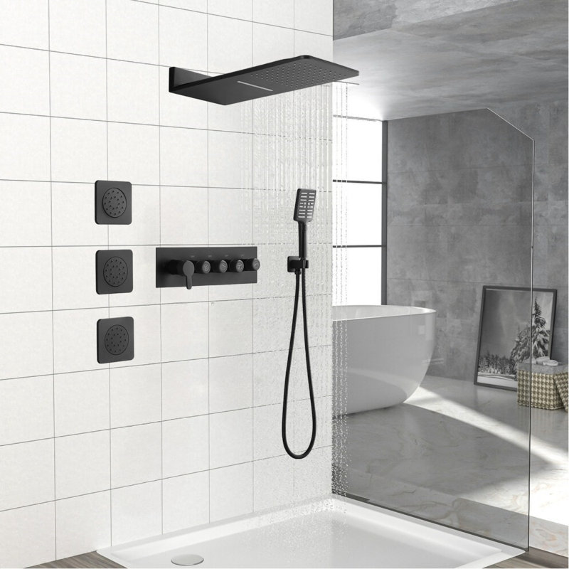Ensemble de robinet de douche à double fonction 23,6 pouces avec 3 jets de corps et douche à main, Noir mat
