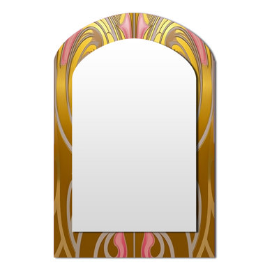 Art Nouveau Geometry In Gold And Pink - Geometric Arch Decorative Mirror, Modern Asymmetrical Wall Mirror, Printed Metal Art