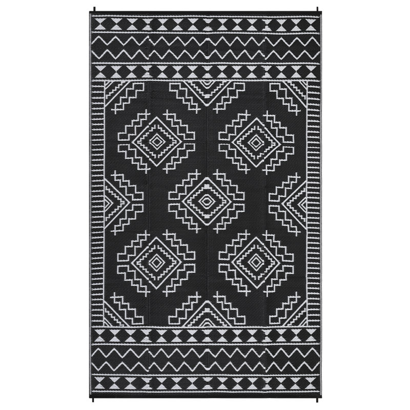 Large Waterproof Reversible Outdoor Rug – Plastic Straw Patio Mat, UV & Weather Resistant, Collapsible Geometric Carpet for Patio, Deck, Balcony, Camping – Color: Black and White, 9x12ft