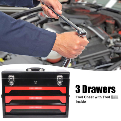 Portable 20'' 3 Steel Toolbox , Black&Red, Long-Wearing, Metal , Top Storage Tray, Carry Handle For Garage, Home, Work Surface With Tool Kit, Strong And Structure, Carrying Location