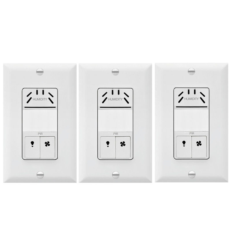 Interrupteur à capteur d'humidité supérieur vert avec détecteur de mouvement, ventilateur de salle de bain et contrôle de la lumière - blanc, avec plaque murale (paquet de 3)