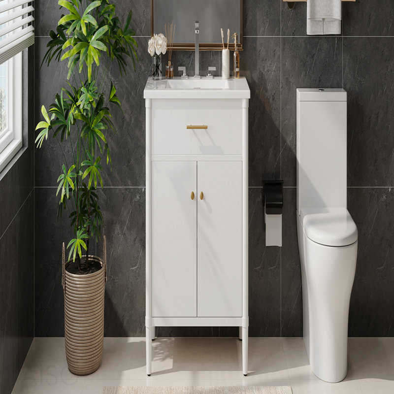 Meuble-lavabo 30 po avec lavabo, armoire de salle de bain avec portes à fermeture en douceur et tablette réglable, conception à profil courbé, pieds en bois d'hévéa, blanc