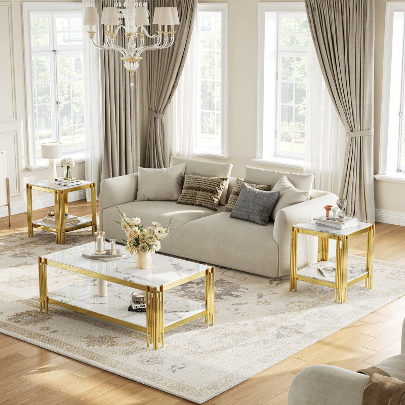 Table basse en verre pour le salon, plateau en verre rectangulaire à motif de marbre de 48 po, pieds tubulaires uniques en acier inoxydable poli, rangement à 2 niveaux