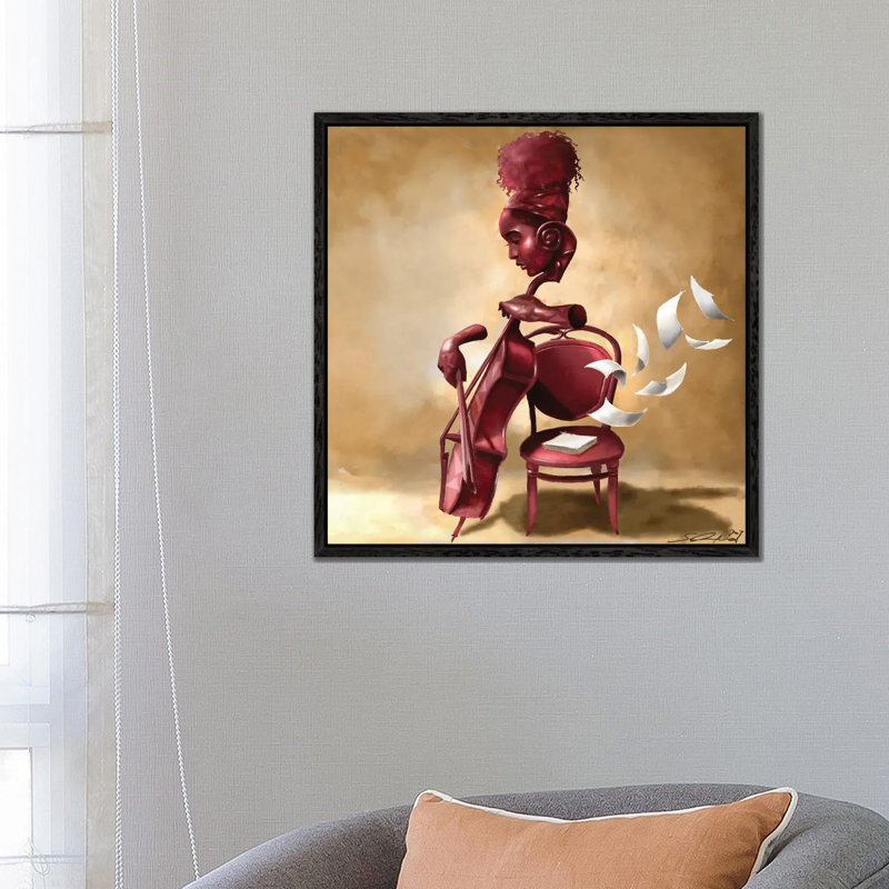 The Solo Cellist by Salaam Muhammad - Painting on Canvas, 66.04cm H x 66.04cm W x 3.81cm D, Black Floater Framed