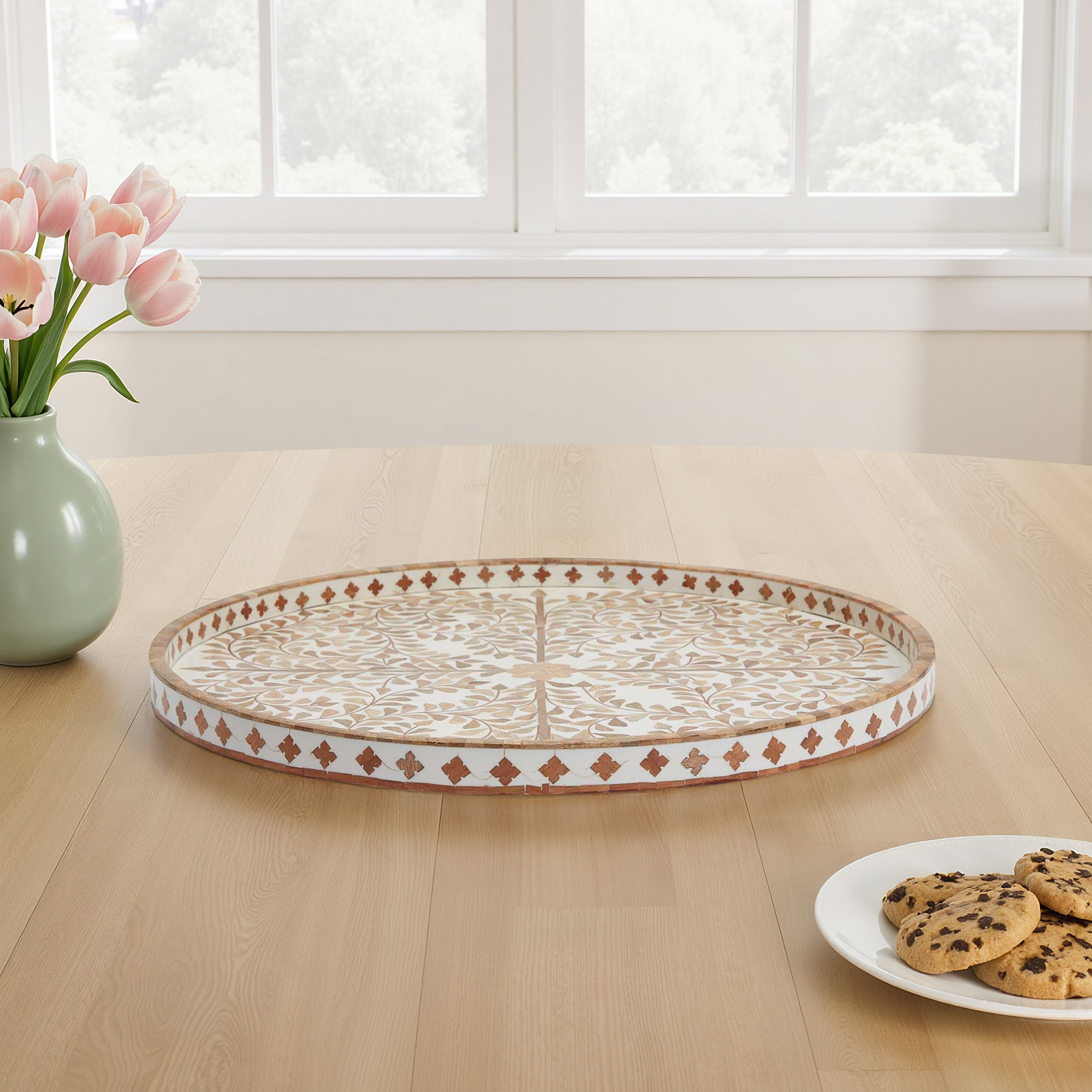Jaipur Palace MOP Tray, Floral, Manufactured Wood/Mango Wood/Resin, White/Brown