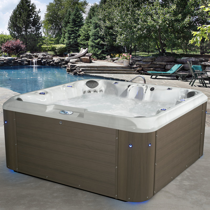 Amplified 100-Jet 7-Person Non-Lounger Spa w/Bluetooth Stereo, 3 Pumps by Aqualife by Strong Spas, Outerbanks Grey